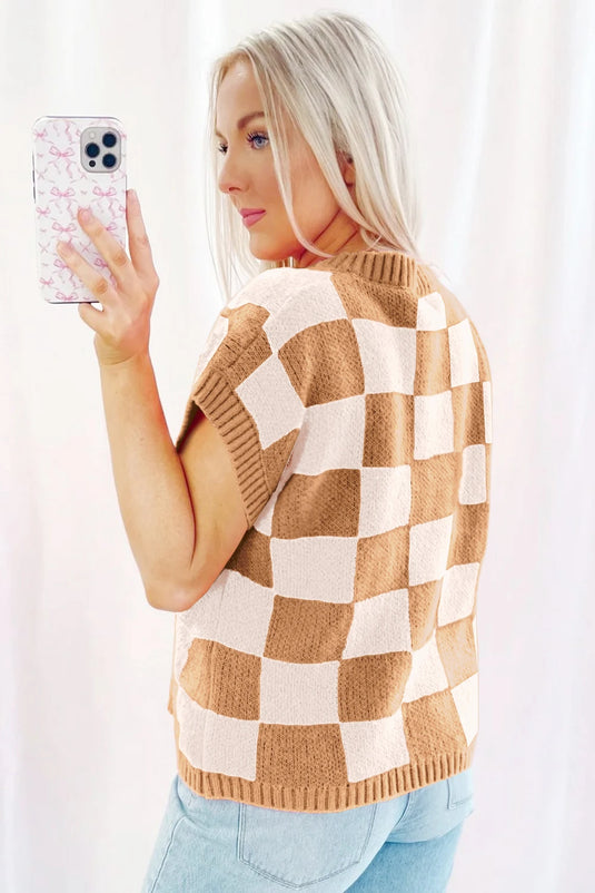 DLLS504 - Ladies Light Beige Colorblock Plaid Ribbed Trim Sweater Tank Top
