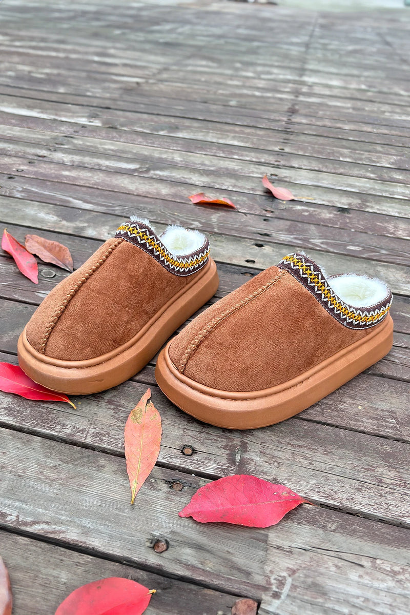 Load image into Gallery viewer, DLLSHOE 129 - Chestnut Contrast Edge Suede Plush Lined Thick Sole Winter Slippers
