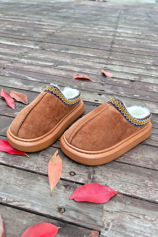 DLLSHOE 129 - Chestnut Contrast Edge Suede Plush Lined Thick Sole Winter Slippers