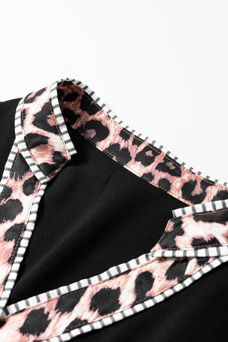 Load image into Gallery viewer, DLLS461 - Ladies Black V Neck Short Puff Sleeve Leopard Trim Button Down Shirt
