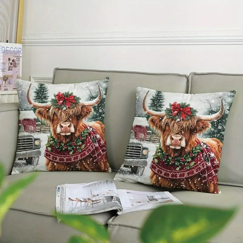 Load image into Gallery viewer, TMPL39 - Set of 2 - 18&quot; x 18&quot; Christmas Highland Cow Throw Pillows

