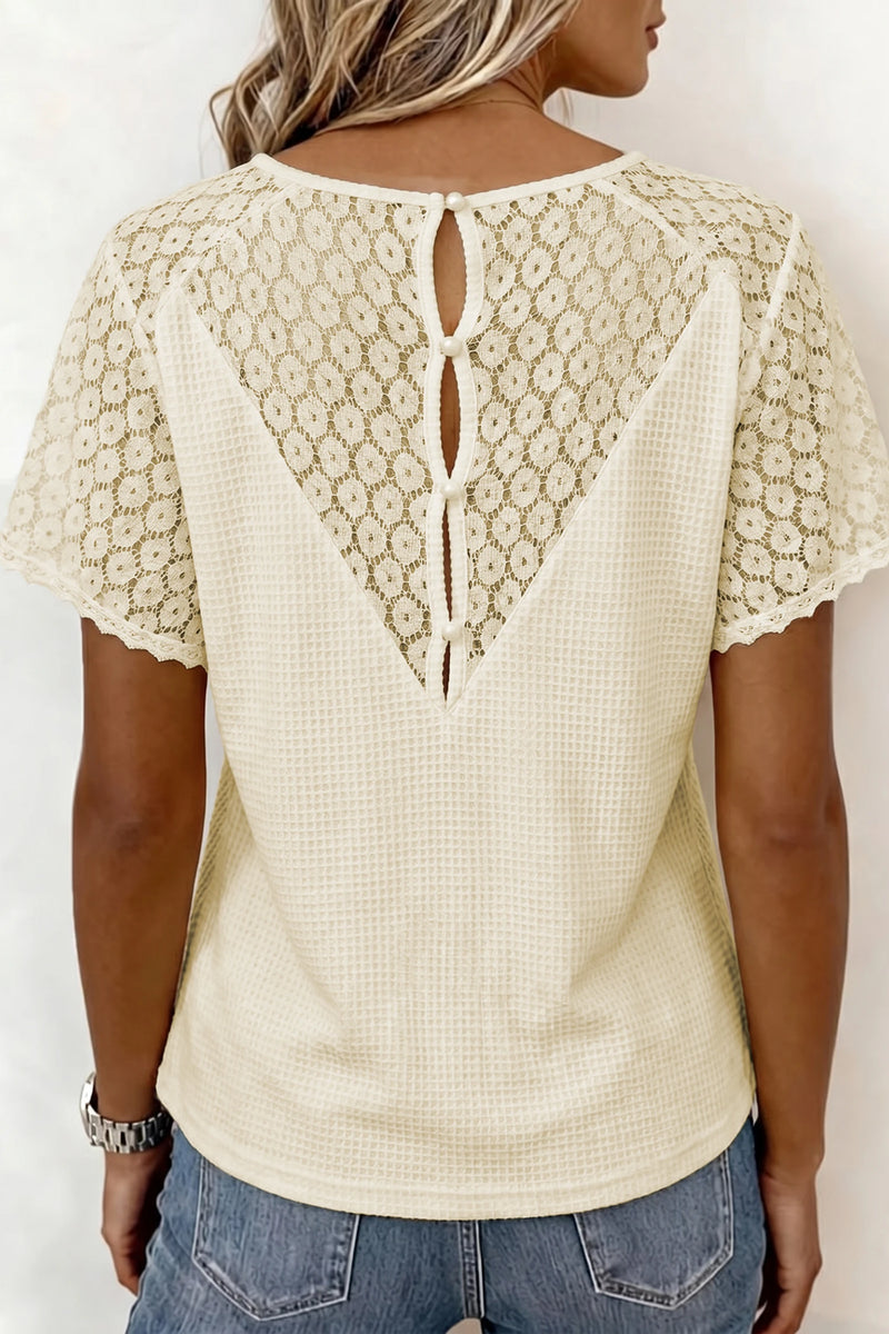 Load image into Gallery viewer, DLLS605 - Ladies Beige Lace Splicing Button Cutout V Neck Waffle Knit Blouse
