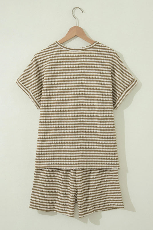 DLLS618 - Ladies Brown Stripe Breathable Textured Knit Short 2pcs Set