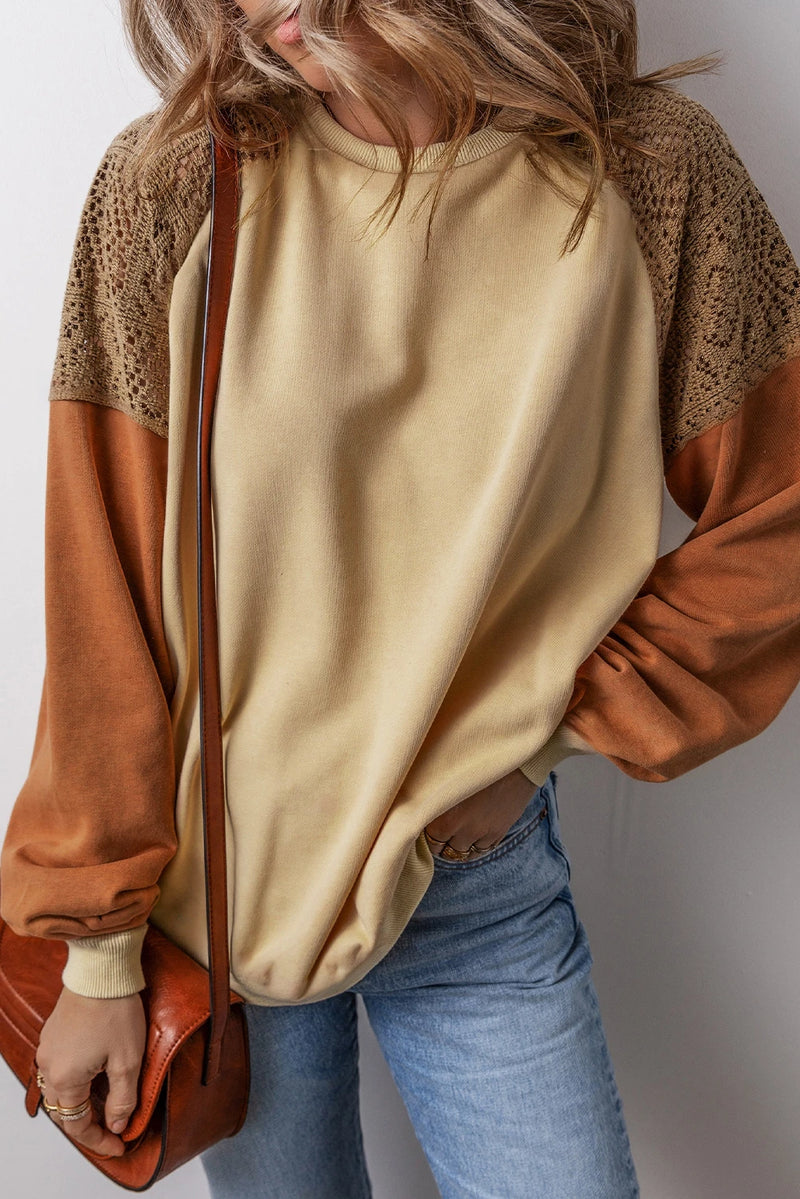 Load image into Gallery viewer, DLLS158 - Ladies Khaki Lace Patchwork Colorblock Drop Shoulder Sweatshirt
