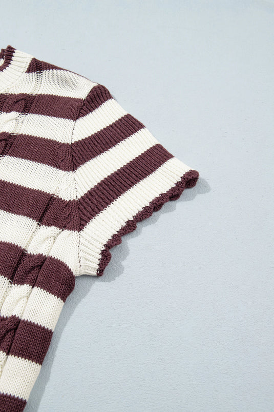 DLLS1151 - Ladies Brown Stripe Ribbed Knit Cable Detail Short Sleeve Sweater