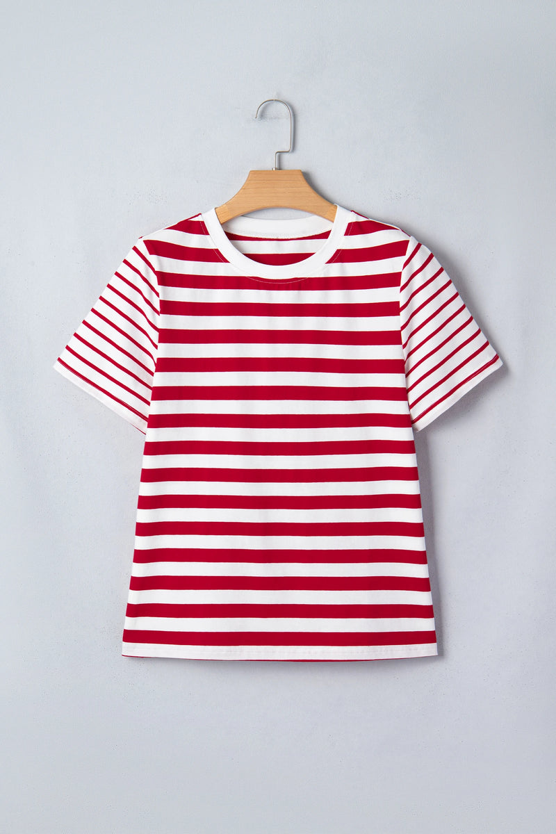 Load image into Gallery viewer, DLLS530 - Ladies Red Stripe Patchwork Round Neck T Shirt
