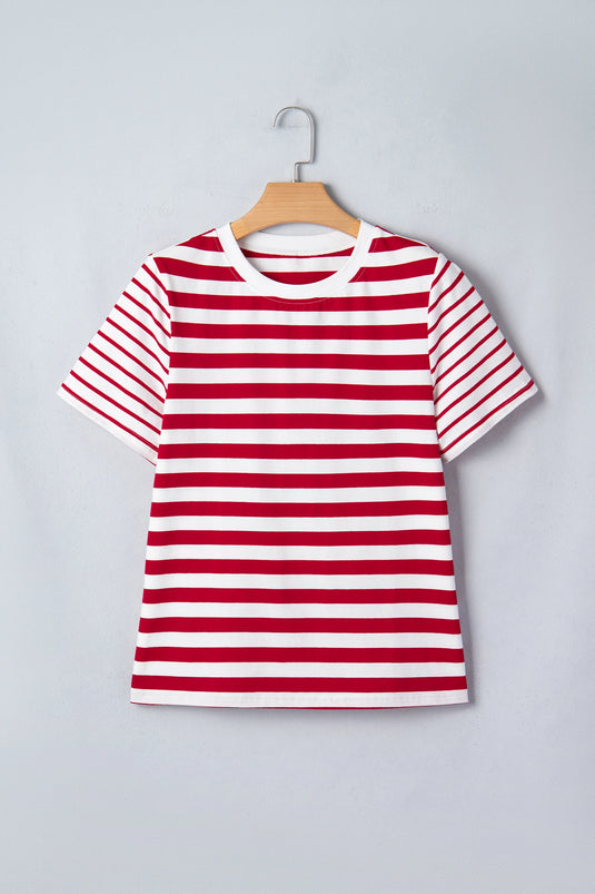 DLLS530 - Ladies Red Stripe Patchwork Round Neck T Shirt