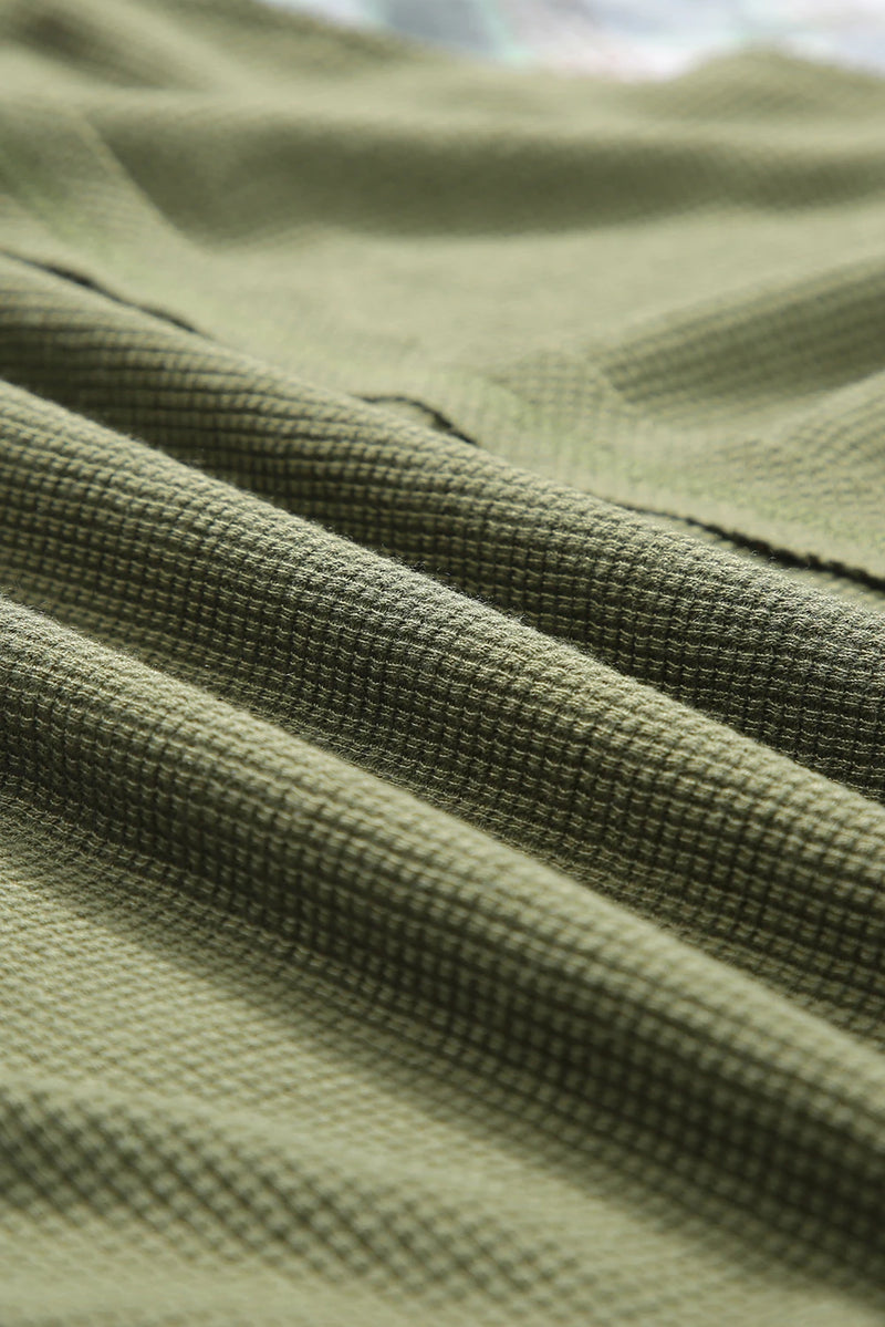 Load image into Gallery viewer, DLLS1145 - Ladies Green Plaid Patch Waffle Knit Exposed Seam Bubble Sleeve Top
