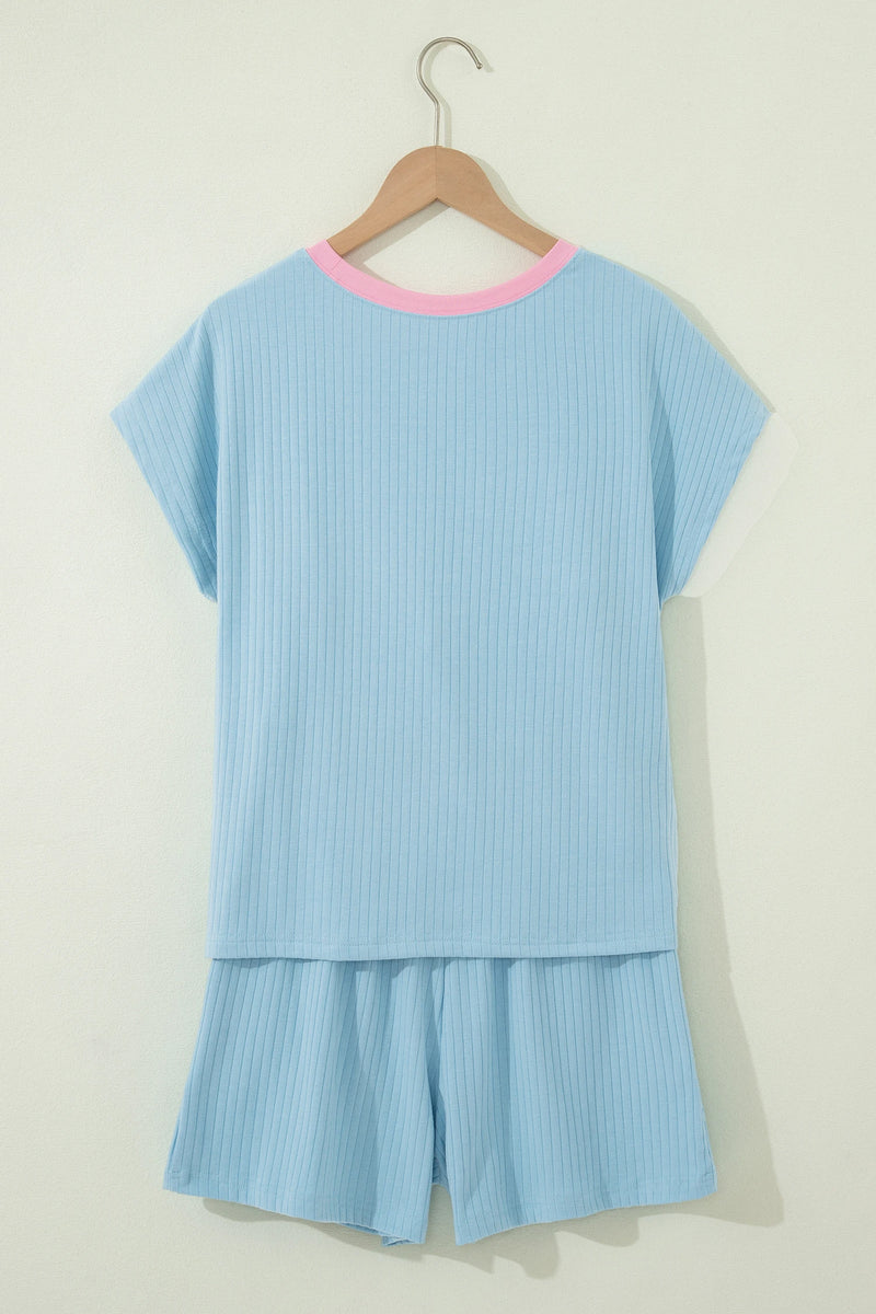 Load image into Gallery viewer, DLLS630 - Ladies Mist Blue Soft Ribbed Color Block Trim Casual Short Set
