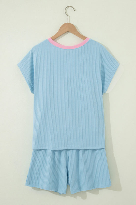 DLLS630 - Ladies Mist Blue Soft Ribbed Color Block Trim Casual Short Set