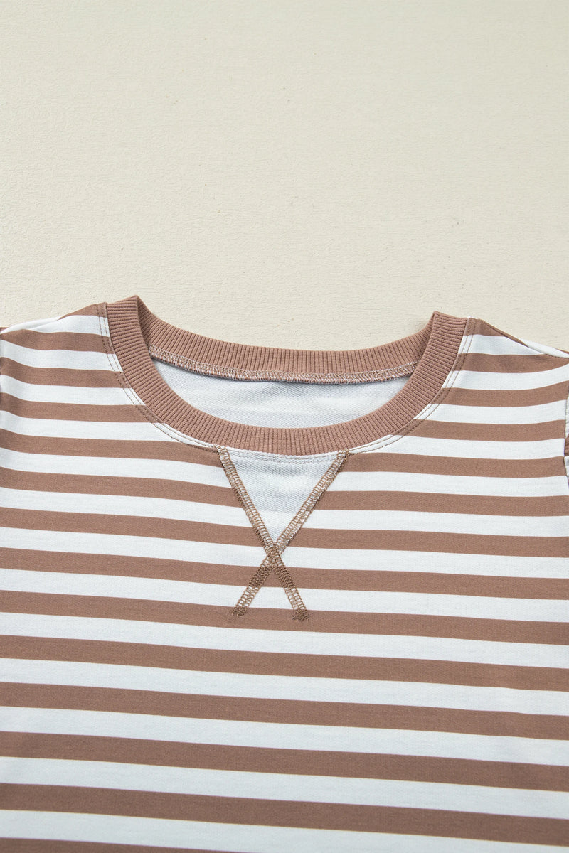 Load image into Gallery viewer, DLLS548 - Ladies Khaki Stripe Short Bubble Sleeve T Shirt
