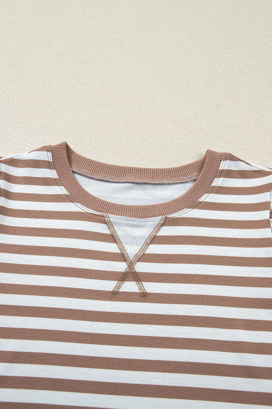 DLLS548 - Ladies Khaki Stripe Short Bubble Sleeve T Shirt