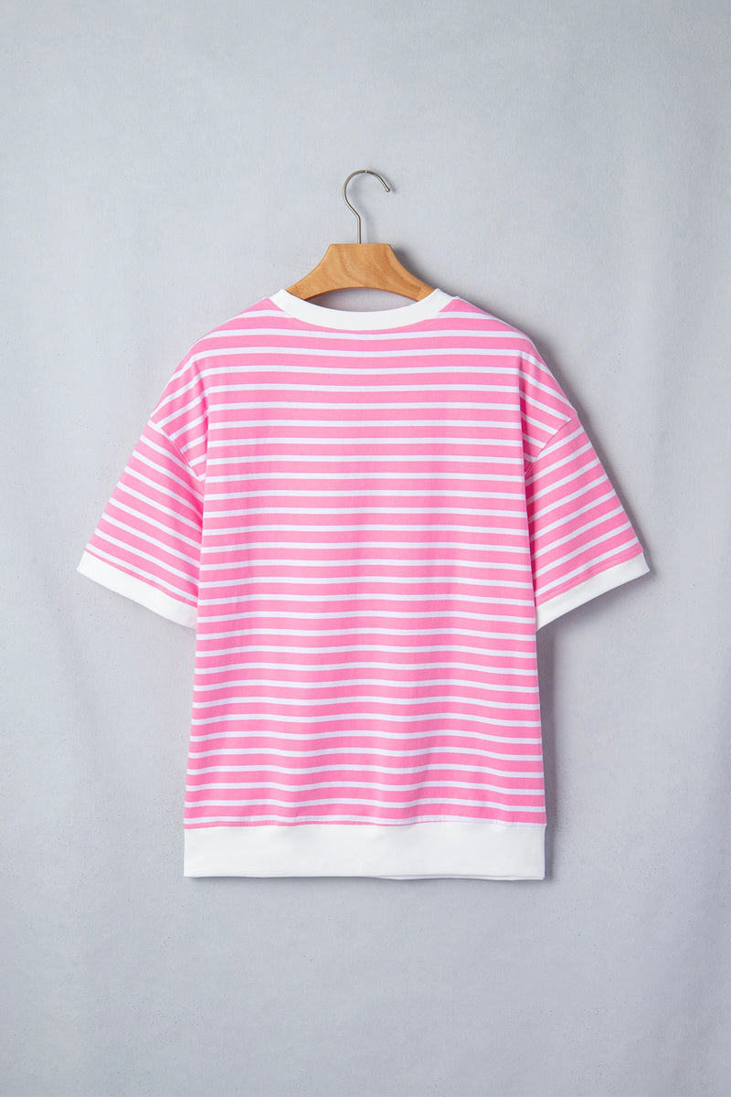 Load image into Gallery viewer, DLLS524 - Ladies Pink Stripe Round Neck Drop Shoulder Short Sleeve Loose Top
