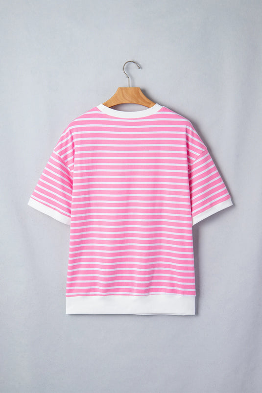 DLLS524 - Ladies Pink Stripe Round Neck Drop Shoulder Short Sleeve Loose Top