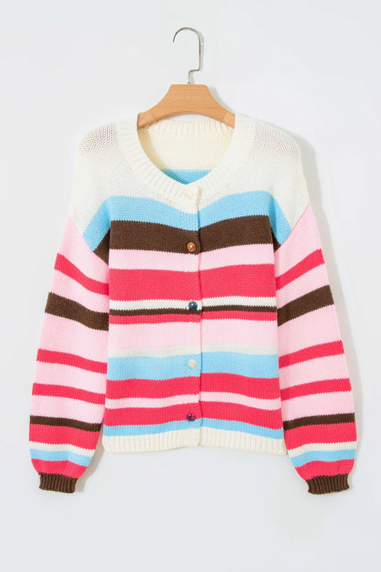 DLLS862 - Ladies Pink Stripe Striped Colorblock Drop Shoulder Cardigan