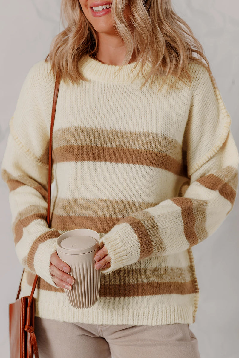 Load image into Gallery viewer, DLLS924 - Ladies Khaki Stripe Exposed Seam Drop Shoulder Knit Baggy Sweater
