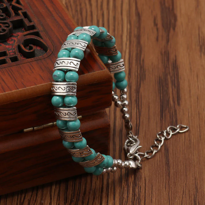 ACCBC 5 - Double Rowed Turquoise Vintage Carved Bracelet