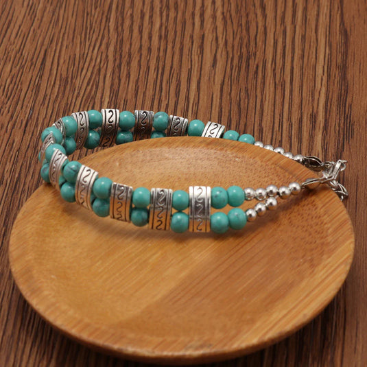 ACCBC 5 - Double Rowed Turquoise Vintage Carved Bracelet