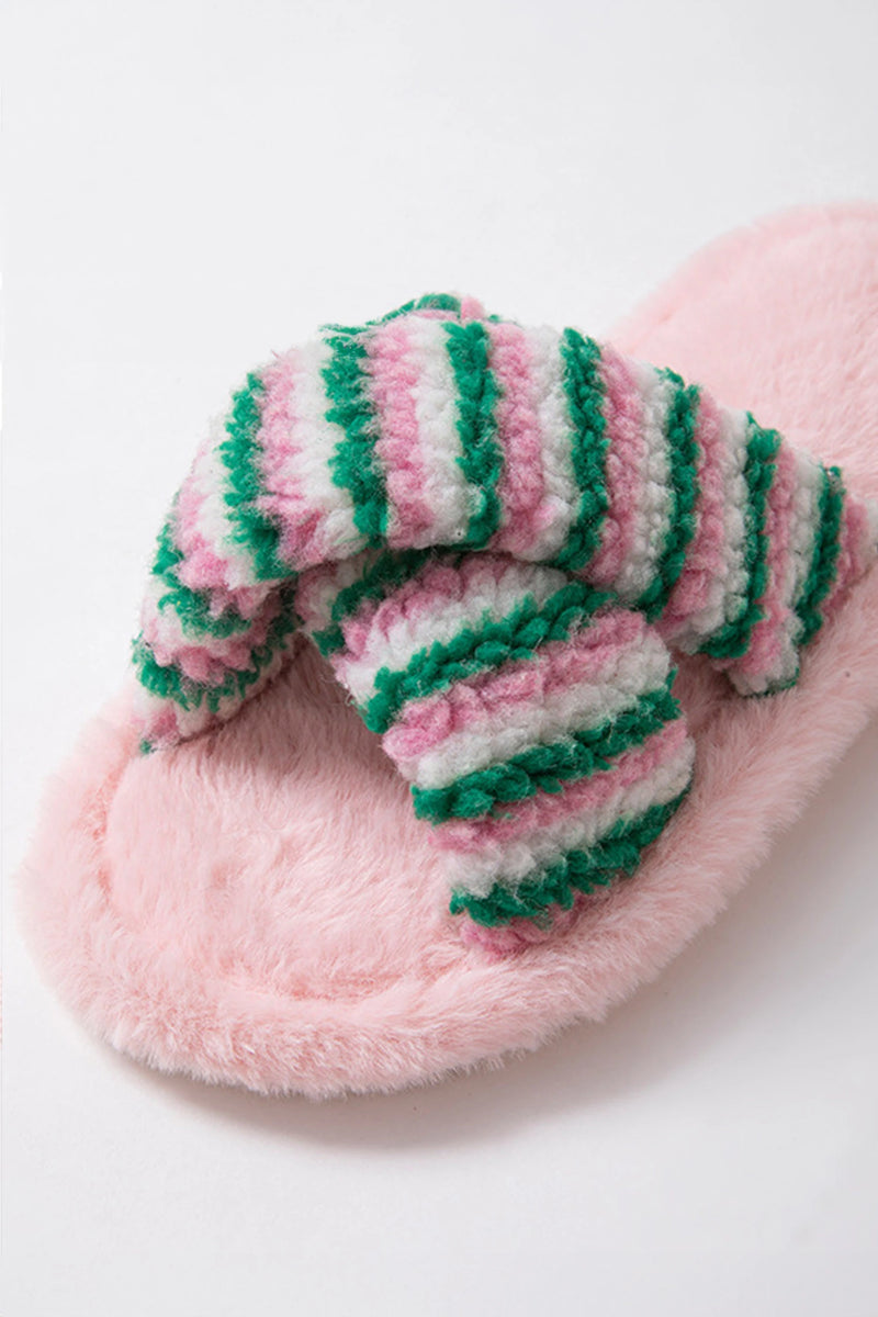 Load image into Gallery viewer, DLLSHOE 184 - Pink Striped Cross Band Soft Plush Open Toe Slippers
