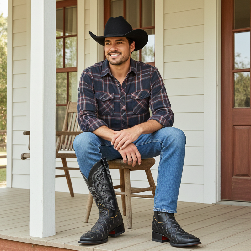 Load image into Gallery viewer, CP1702 - Cowboy Prayer Pirarucu Print w/Yellow Underlay Cowboy Boots
