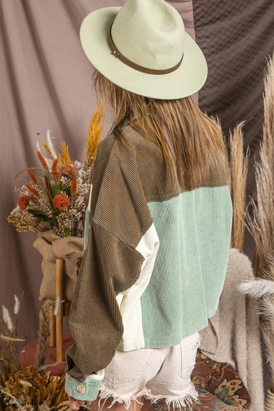 DLLS156 - Ladies Green Color Block Patchwork Vintage Corduroy Jacket