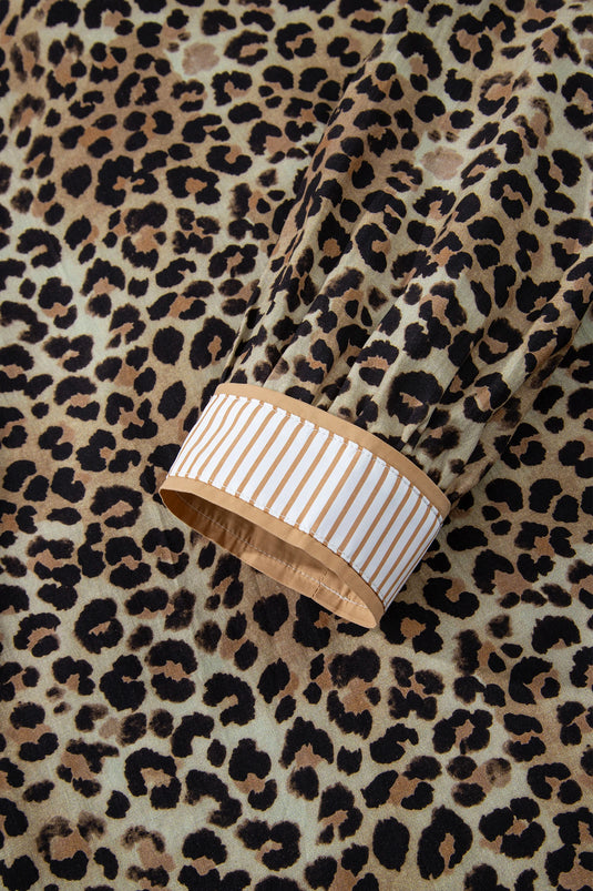 DLLS356 - Ladies Khaki Contrast Striped Trim V Neck Leopard Shirt