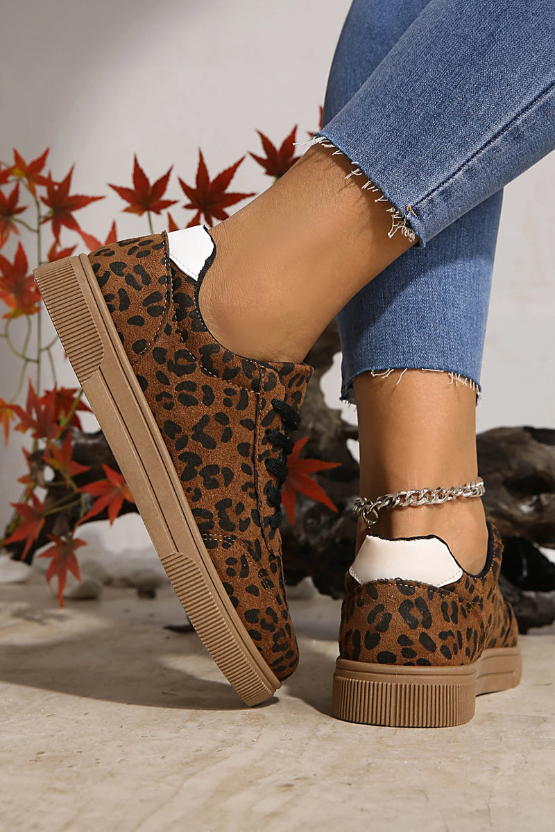 Load image into Gallery viewer, DLLSHOE 200 - Coffee Leopard Print Contrast Heel Tab Patchwork Laceup Shoes
