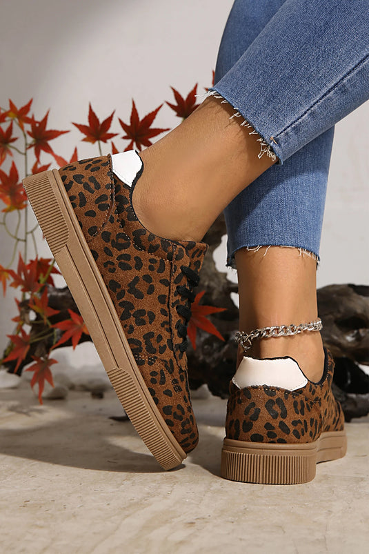 DLLSHOE 200 - Coffee Leopard Print Contrast Heel Tab Patchwork Laceup Shoes