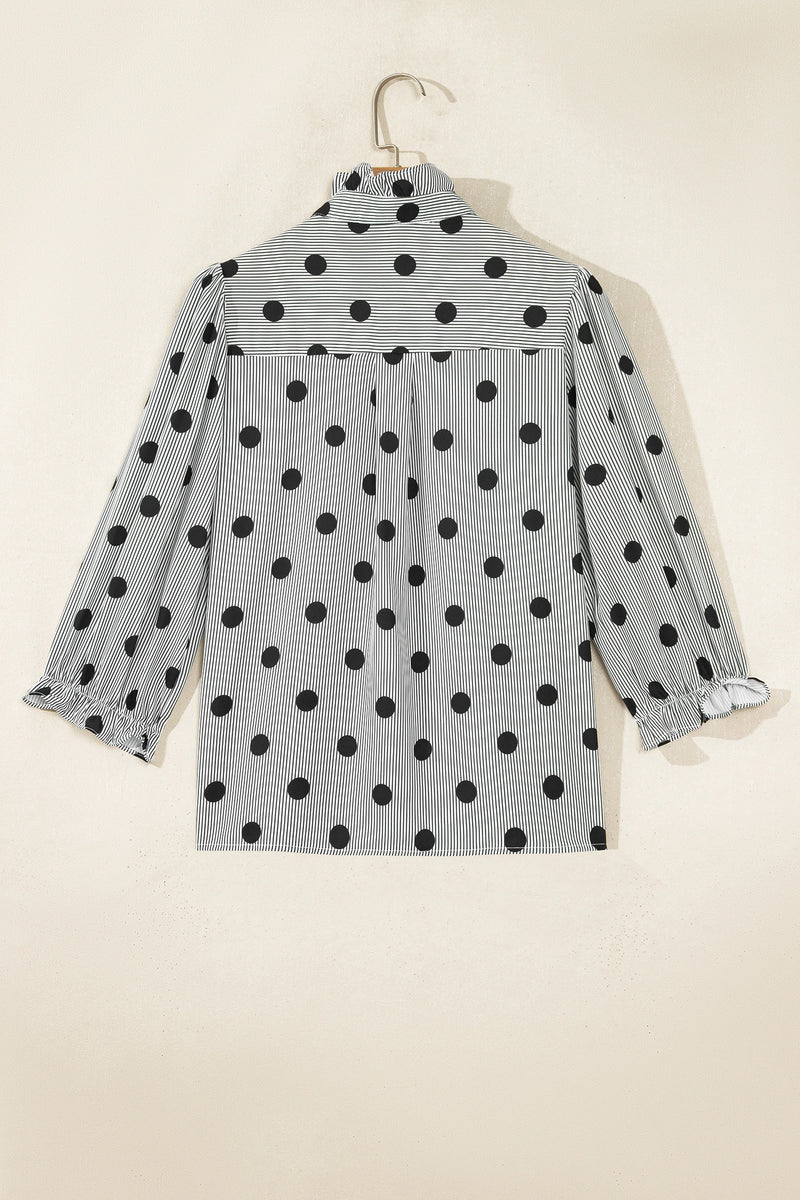 Load image into Gallery viewer, DLLS1138 - Ladies Black White Polka Dot Striped Print Ruffle 3/4 Sleeve Shift Shirt
