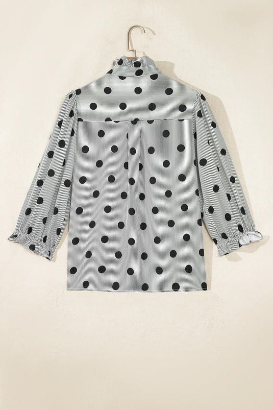 DLLS1138 - Ladies Black White Polka Dot Striped Print Ruffle 3/4 Sleeve Shift Shirt