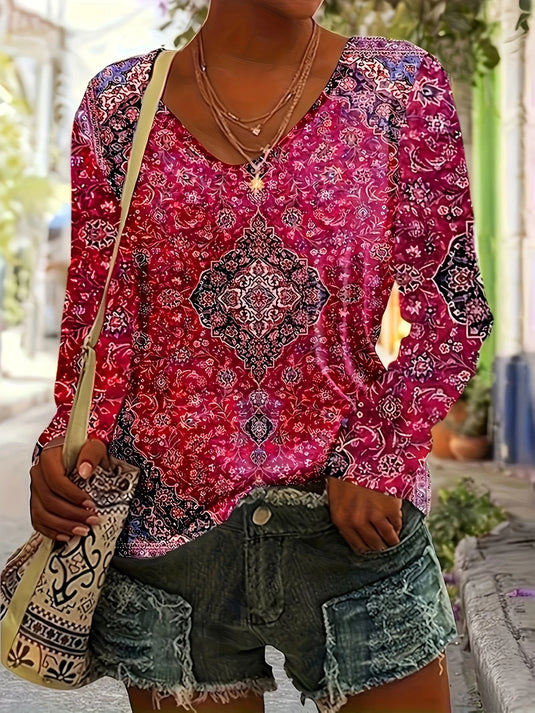 TMTSHT100 - Ladies Long Sleeve Boho Floral V Neck Shirt