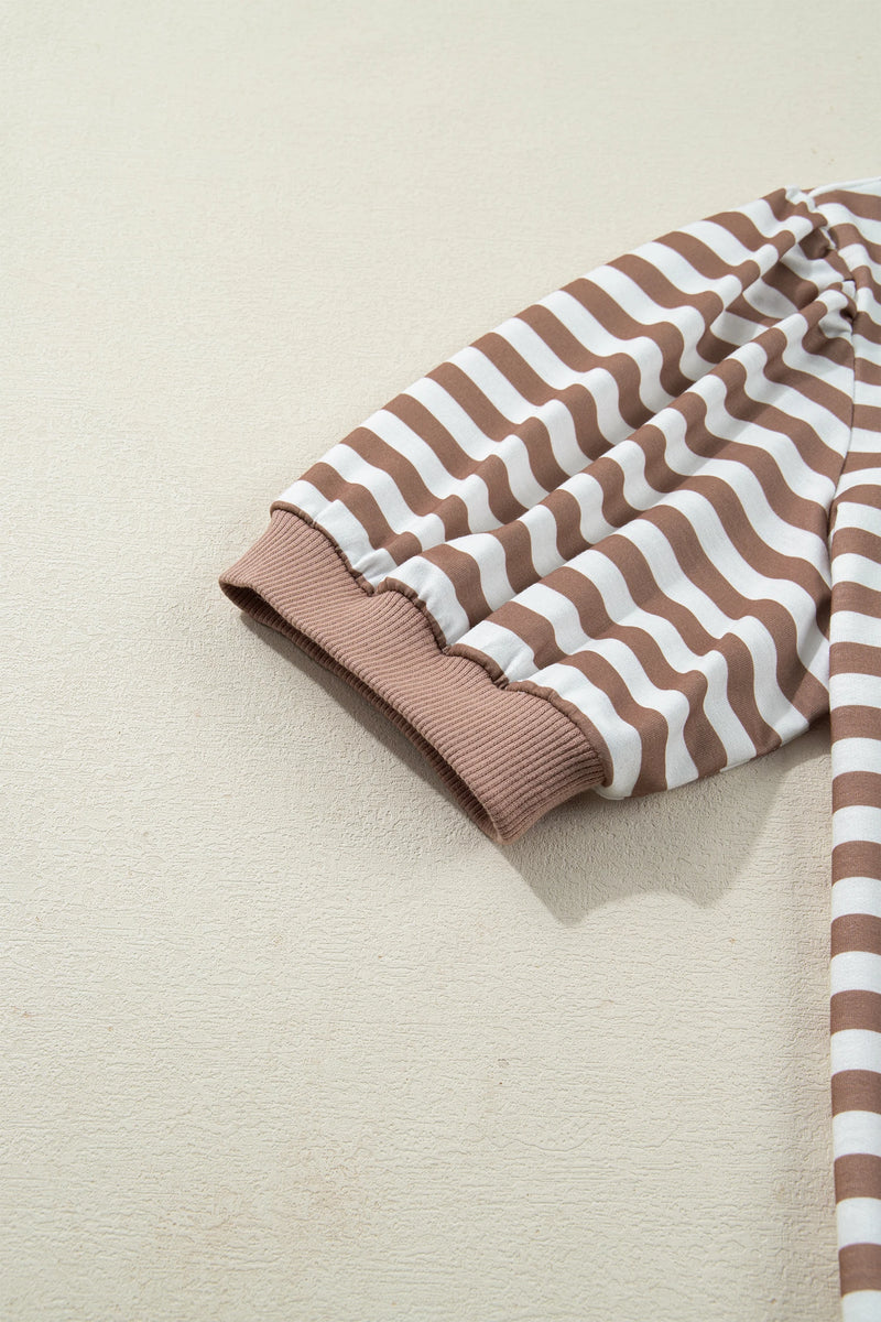 Load image into Gallery viewer, DLLS548 - Ladies Khaki Stripe Short Bubble Sleeve T Shirt
