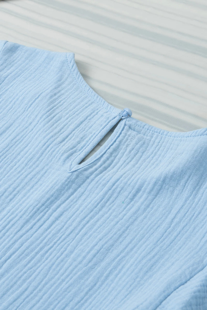 Load image into Gallery viewer, DLLS508 - Ladies Light Blue Crinkled Cotton Gauze Ruffle Sleeve Blouse
