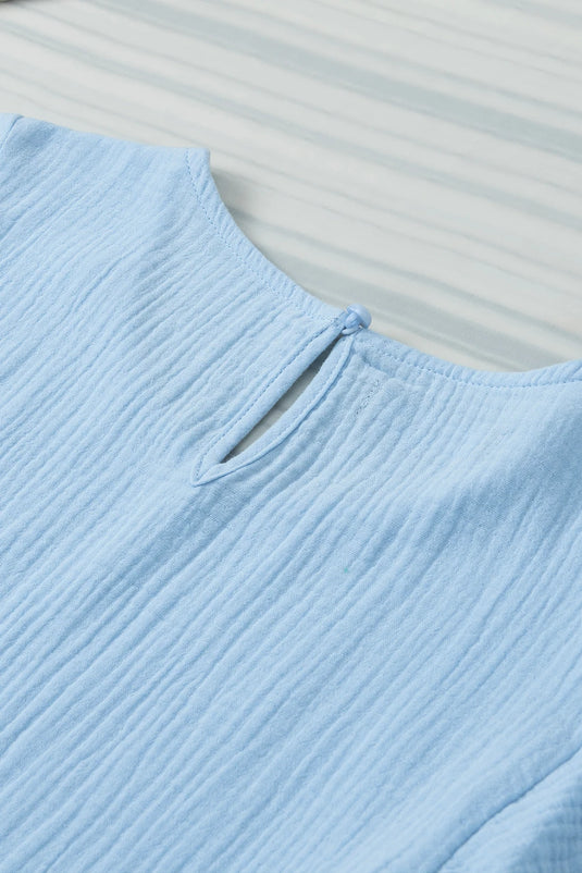 DLLS508 - Ladies Light Blue Crinkled Cotton Gauze Ruffle Sleeve Blouse