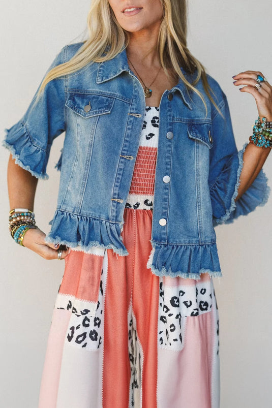 DLLS649 - Ladies Blue Ruffle Hem Denim Jacket Half Sleeve Western Style