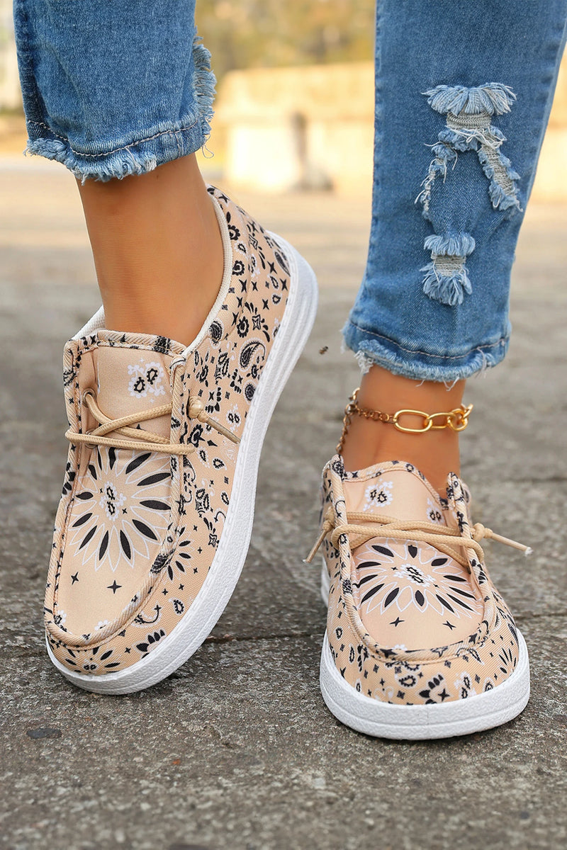 Load image into Gallery viewer, DLLSHOE 164 - Khaki Boho Floral Print Lace-up Detail Canvas Flat Shoes

