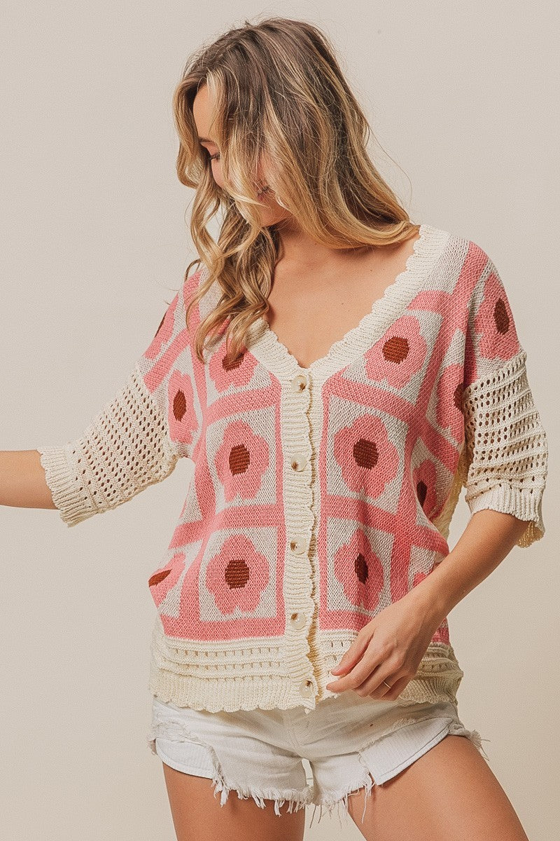 Load image into Gallery viewer, BIBI14- Ladies Flower Printed Crochet Buttoned Cardigan
