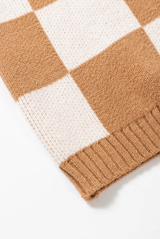 DLLS504 - Ladies Light Beige Colorblock Plaid Ribbed Trim Sweater Tank Top