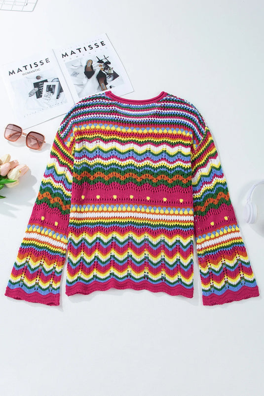 DLLS140 - Ladies Rose Red Colorblock Striped Hollowed Knit Loose Sleeve Sweater