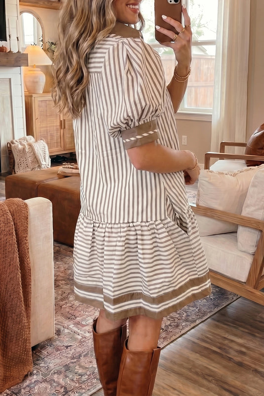 DLLS665 - Ladies Brown Stripe Shirt Collar Color Block Patchwork Trim Ruffle Hem Short Dress