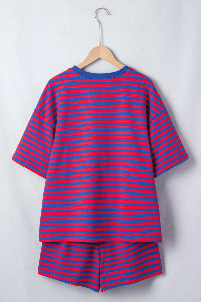 Load image into Gallery viewer, DLLS574 - Ladies Navy Stripe Ribbed Cotton Two-Piece Short Set with Chest Patch Detail
