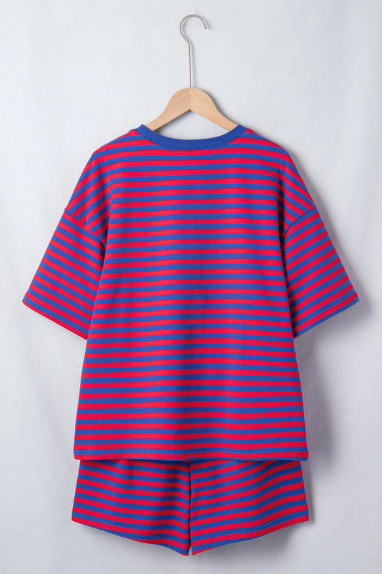 DLLS574 - Ladies Navy Stripe Ribbed Cotton Two-Piece Short Set with Chest Patch Detail