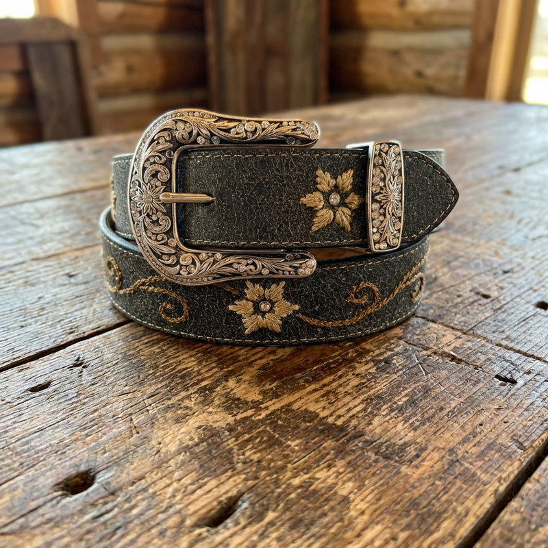 Load image into Gallery viewer, N3447001 - Nocona Women's Distressed Black Belt W/Floral Embroidery
