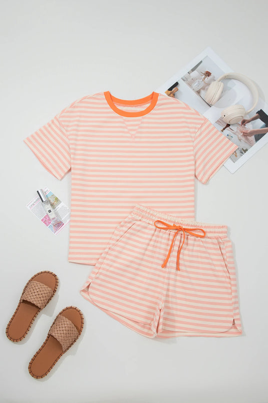DLLS701 - Ladies Pink Stripe Contrast Neck Loose Tee and Drawstring Shorts Set