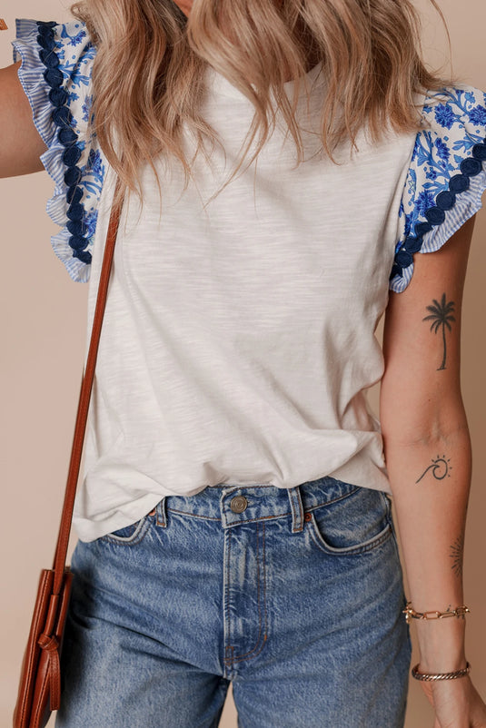 DLLS463 - Ladies Blue Ric-Rac Trim Printed Flutter Sleeve Contrast Patchwork Blouse