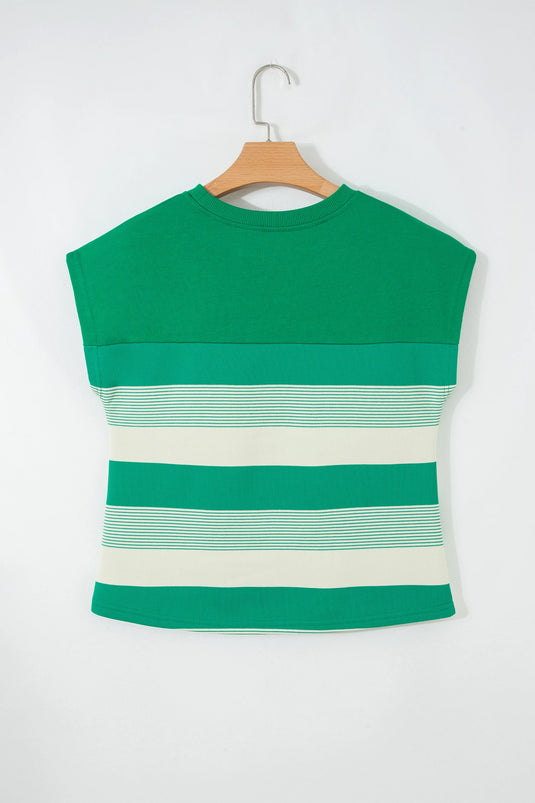 DLLS483 - Ladies Green Stripe Mixed Print Crew Neck Cap Sleeve T Shirt