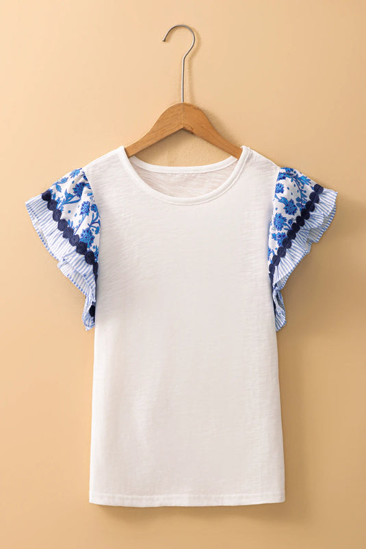 DLLS463 - Ladies Blue Ric-Rac Trim Printed Flutter Sleeve Contrast Patchwork Blouse