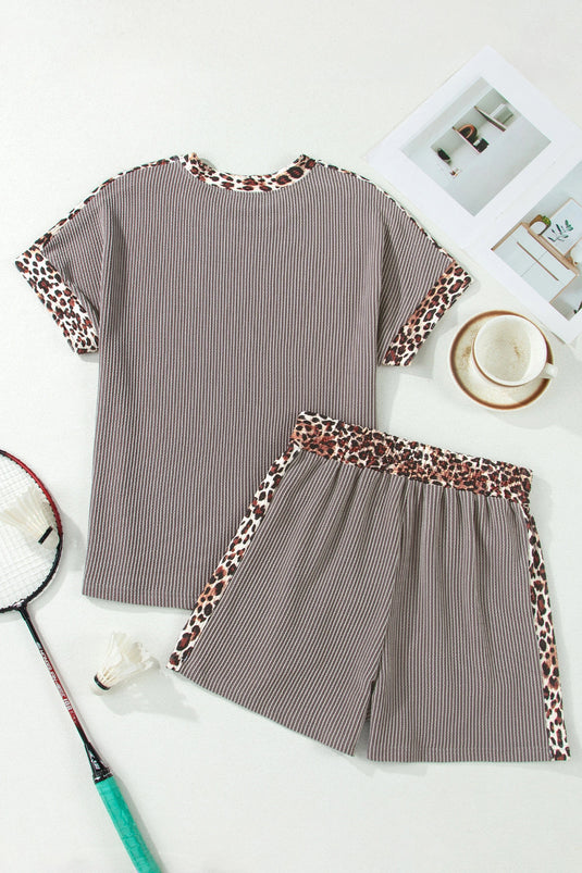 DLLS599 - Ladies Light Grey Leopard Trim Twist Ribbed Short Set