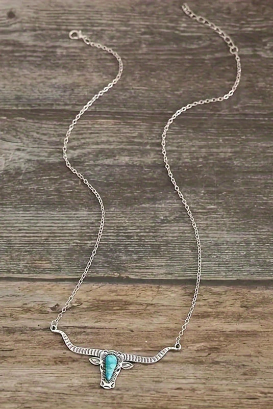 DLLNK 1 - Light Blue Turquoise Steer Head Pendant Chain Necklace