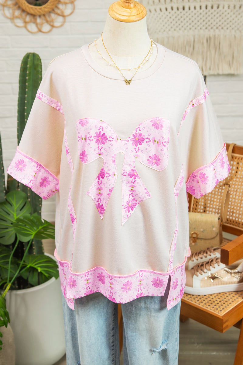Load image into Gallery viewer, DLLS631 - Ladies Apricot Daisy Floral Bow Contrast Patchwork Loose T Shirt
